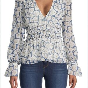 Rebecca Taylor Deco Fleur Long Sleeve Silk Blouse - Blue